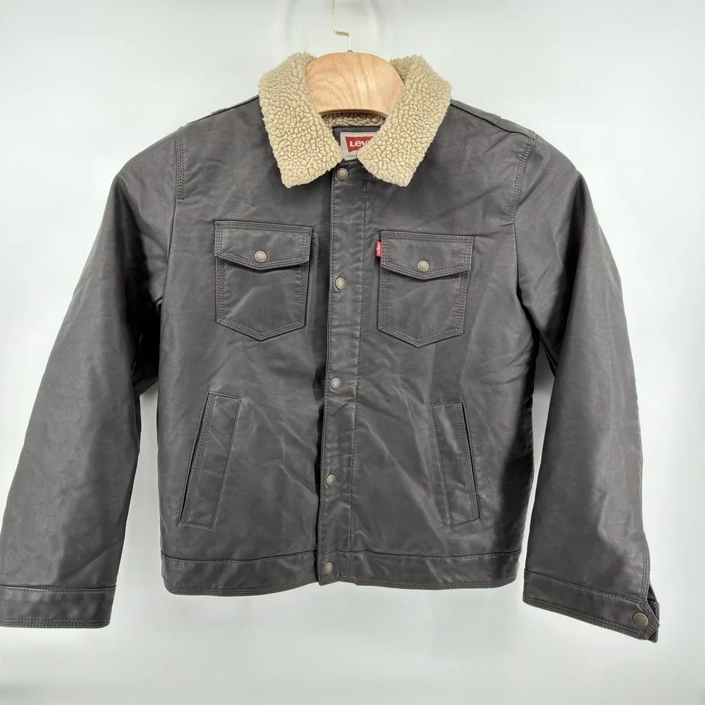 Levi's Faux Leather Sherpa Lined Trucker Jacket Mens Medium Brown Heavy Coat